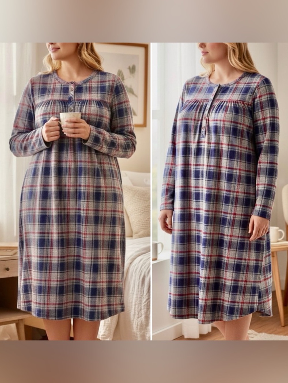 PLUS NIGHTGOWN SIZE 4X. ARIA SLEEPWEAR, LONG SLEEVES, SOFT FLEECE PLAID, POCKETS